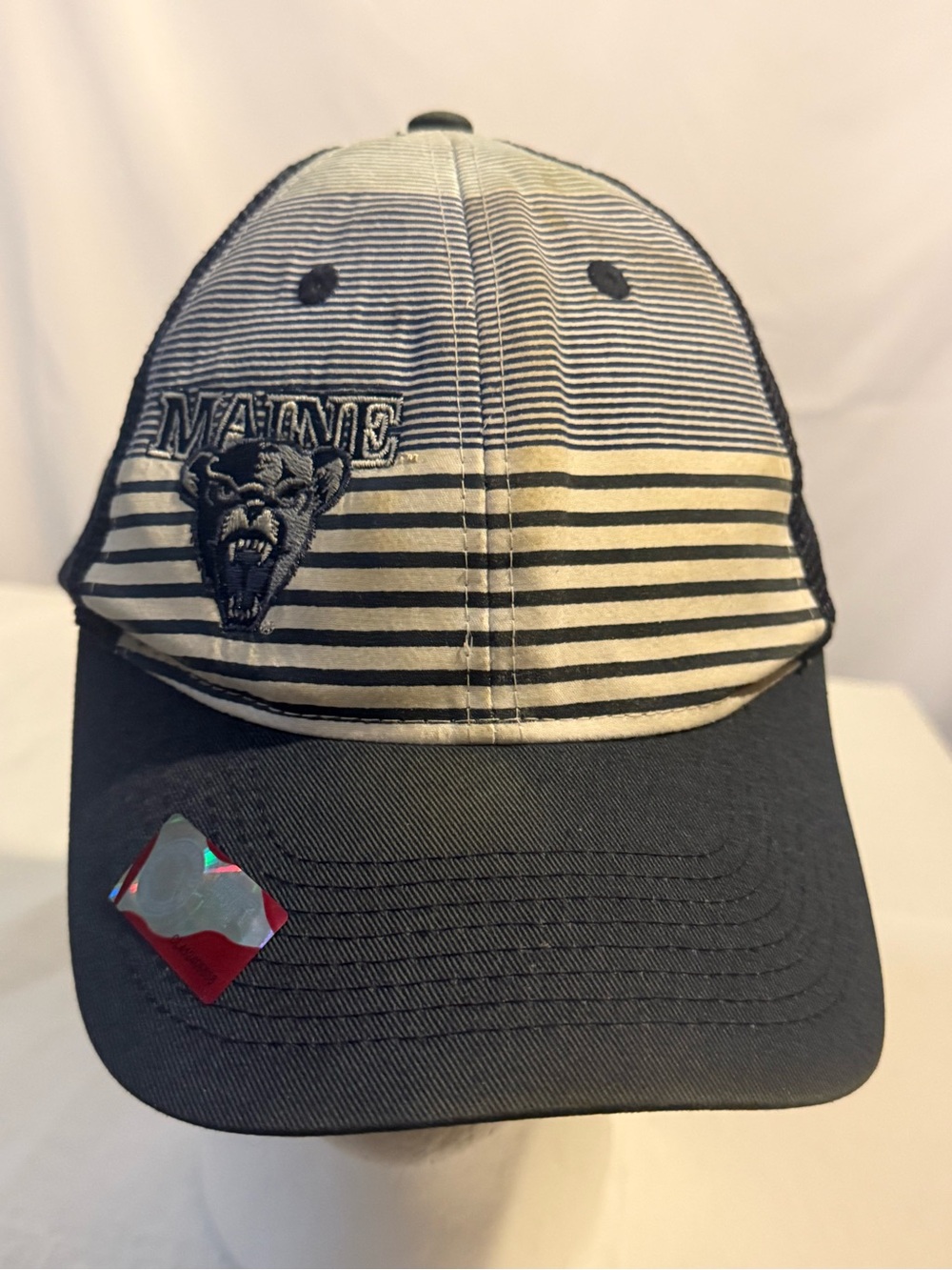 Head Kids Striped Baseball Hat in Black and Cream with Mascot Patch